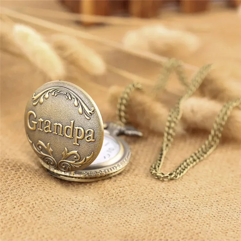 Vintage Engraved Grandpa Words Men's Pocket Watch Analog Quartz Movement Arabic Number Display Gift To Grand Father