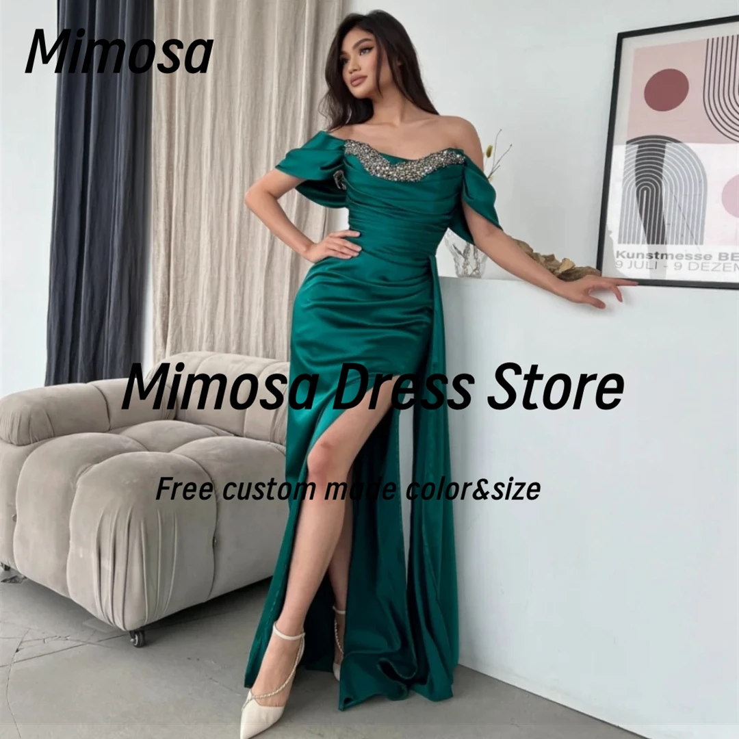

Mimosa Prom Dresses 2025 Beaded Off Shoulder Bridesmaid Dress for Weddings Ruched Side Slit Evening Party Gowns Customized