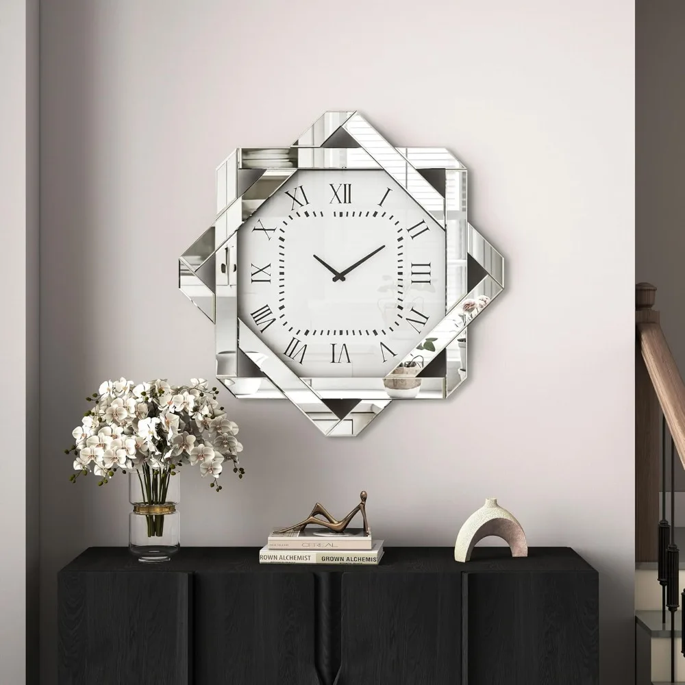 

Large Wall Clock, 23.62-inch Silver Mirror Roman Numeral Wall Clock, Elegant Beveled Glass Frame Wall Clock