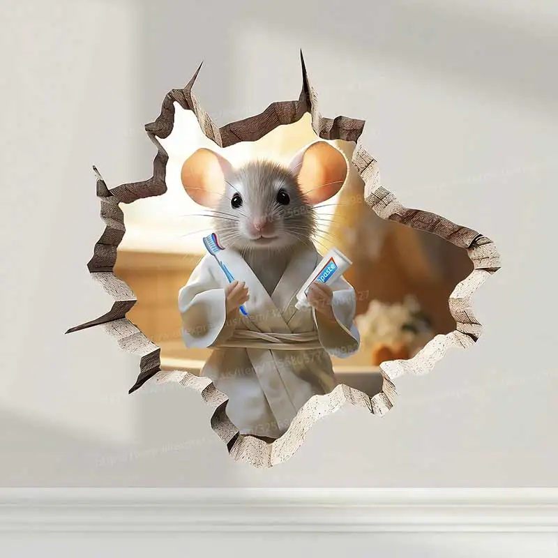 فتحة ماوس لطيفة، ملصق جدار للأسنان في فتحة الحائط، ملصق ثقب الماوس، ملصق جداري لفرشاة الحمام على شكل فأر S794