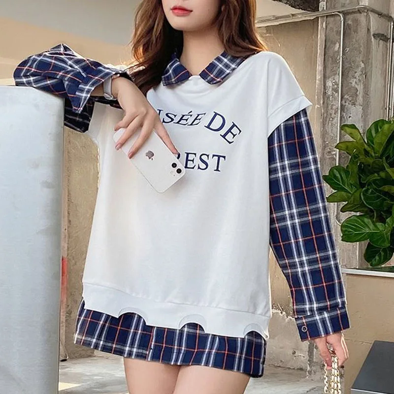 

New Spring and Autumn Fashion Trend Plaid Shirt Spliced Fake Two Piece Polo Collar Large Loose Versatile Thin Women's Sweater