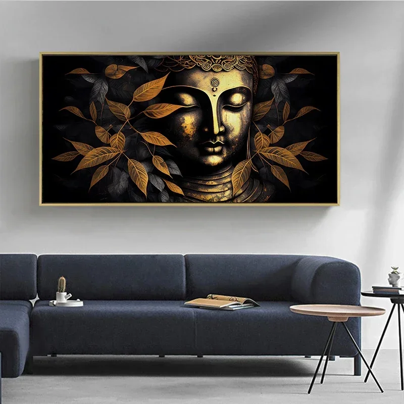 Black Gold Leaf Buddha Statue Wall Art Canvas Painting Big Buddha Religious Beliefs Poster Prints Modern Abstract Picture Decor