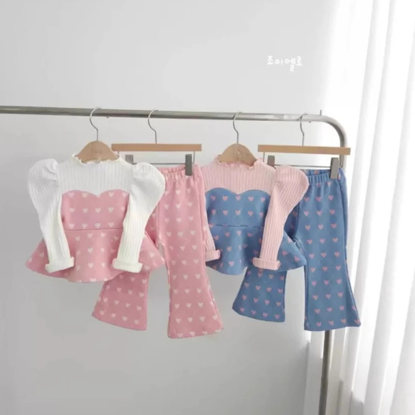 Girls' Set Spring Autumn Fashion Baby's Sets Autumn Love Printed Bubble Sleeve Casual Girls Clothes Two Piece Set