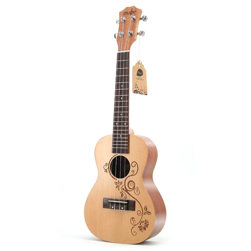 23 Inch Concert Ukulele Spruce Plywood Vine Floral Engraved Soundhole 4 String Mini Hawaiian Guitar Ukelele Musical Instrument