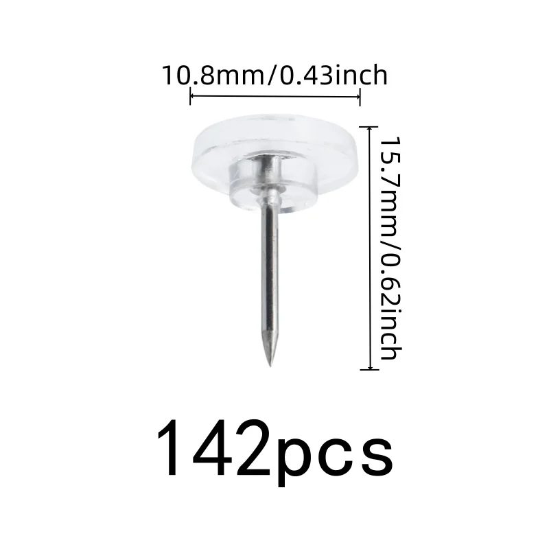 Transparent Board Pins 142 pcs, Reusable Wall Safe, Easy Push Sharp Pin, for School Notice Display, Multipurpose