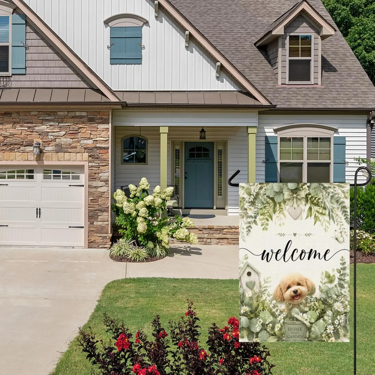 Spring Summer Cute Poodle Dog Welcome Garden Flag 28x40 Inch,Funny Animal Green Eucalyptus Leaves Flowers Butterfly Home Out yyi