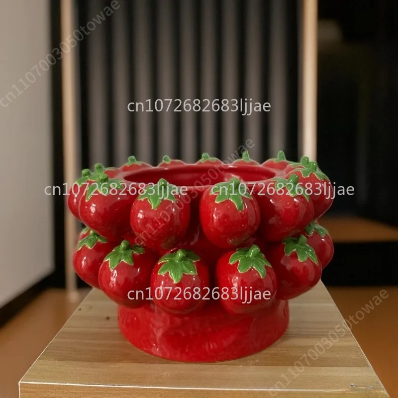 

3D Handmade Ceramic Planter, Cute Red Strawberry Flower Pot, Decorative Succulent Planter for Home Garden Kitchen Decor