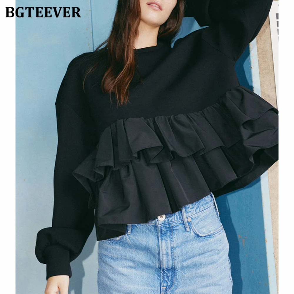 

BGTEEVER Casual O-neck Ruffles Irregular Pullovers Sweatshirts for Women Spring Long Sleeve Fashion Loose Female Solid Jumpers