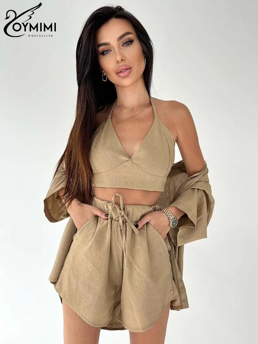 Oymimi Fashion Brown Cotton 3 Piece Sets Women Outfit Elegant Three Quarter Sleeve Shirts And Slip Bra + Drawstring Shorts Sets