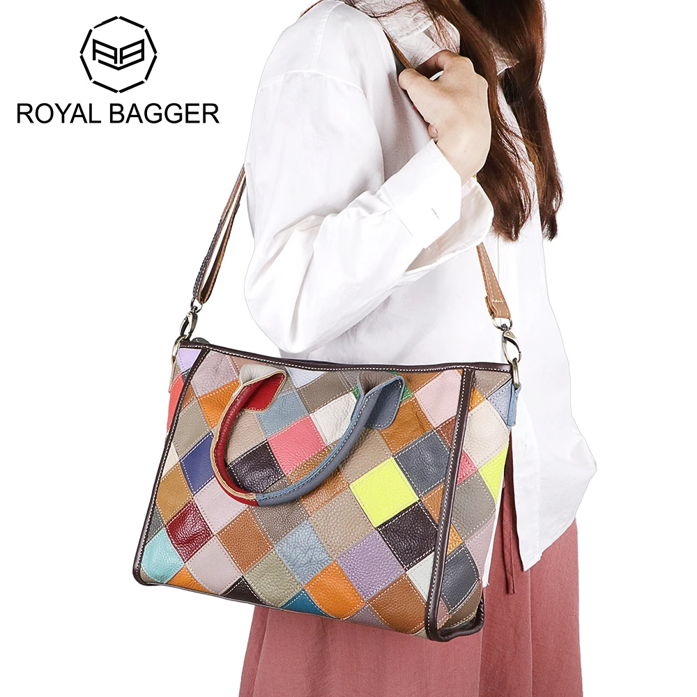 

Royal Bagger Genuine Leather Tote Bag, Large Capacity Color Stitching Plaid Crossbody Bags, Vintage Satchel Purse for Women 1820