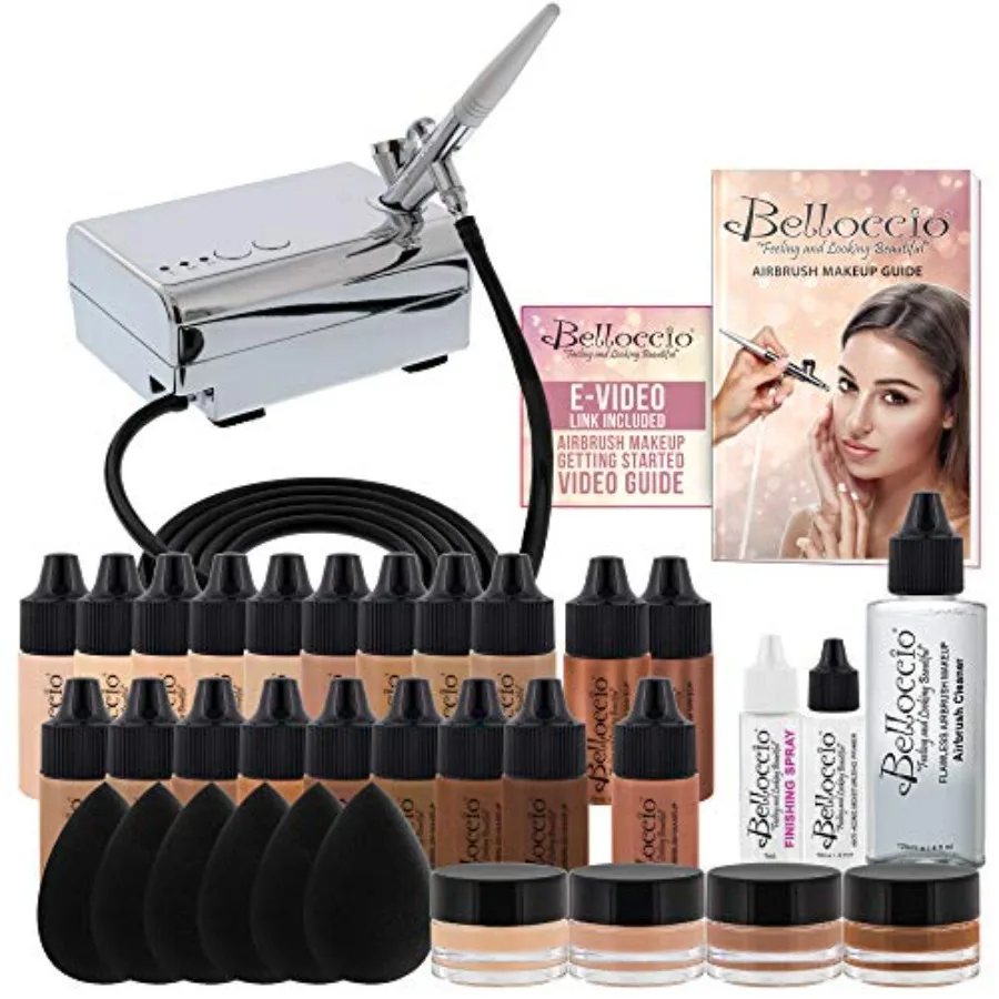 

Professional Airbrush Cosmetic Makeup System with 17 Foundation Shades in 1/4 oz Bottles for Full Coverage Blush Bronzer and Hi