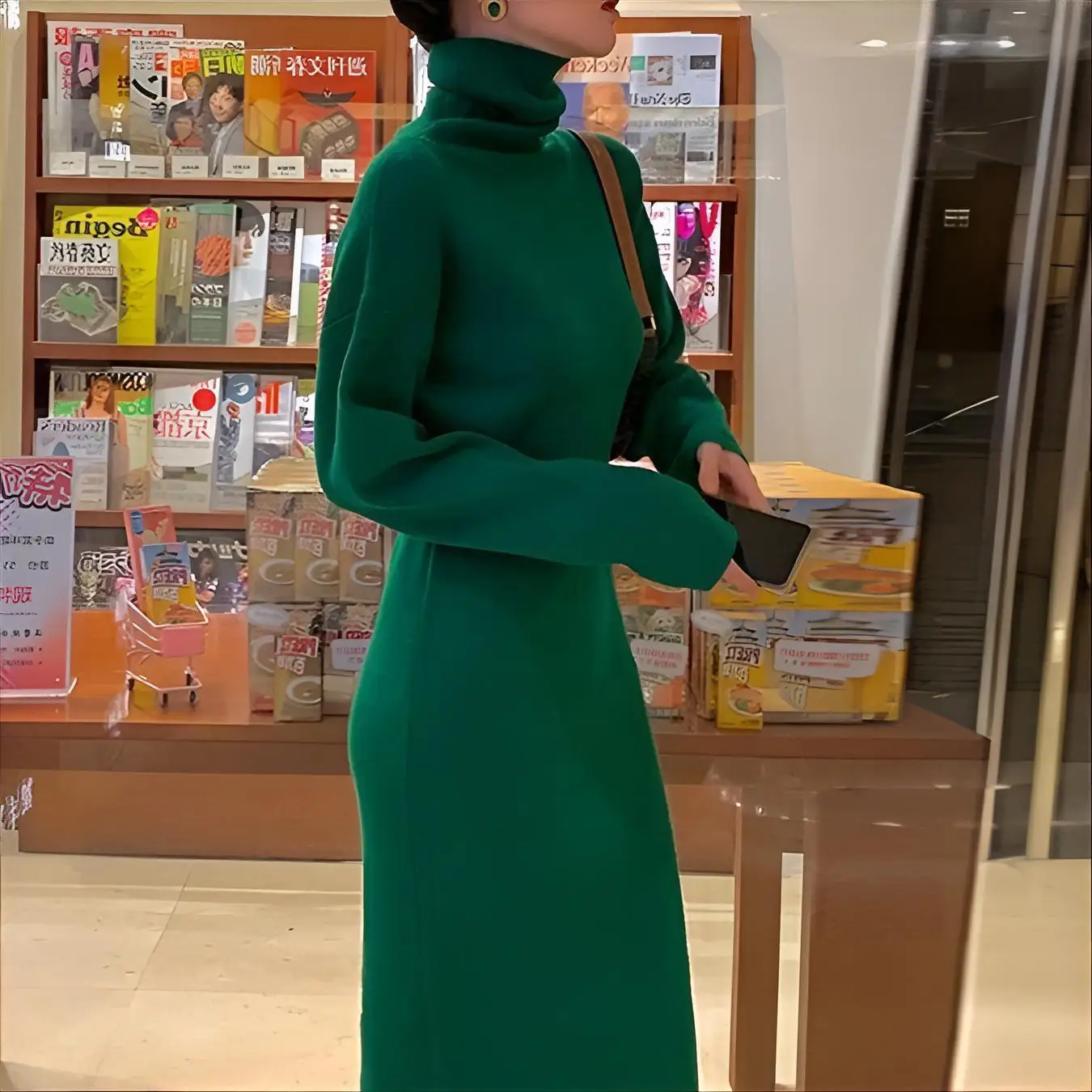 

Mid-Long Cardigans Black Womens Fall Social Trendy Foldover Casual All-Match Print Knit Vintage Button-Decorated Knittde Elastic