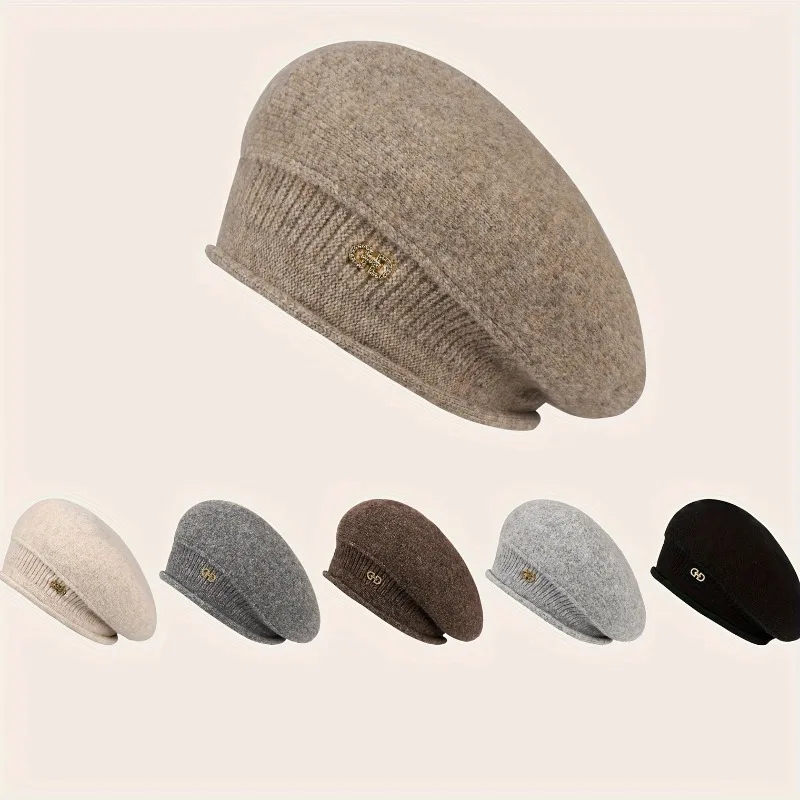 Women Winter Warm Knitted Beret Hat with Brim Metal Decor French Style Warm Soft Elegant Casual Daily Beanie Cap for Ladies