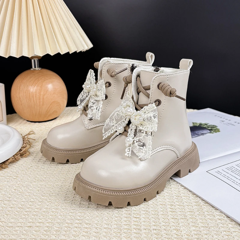 Fashion Children's Short Boots Lace Bow Kids Leather Boots Side Zipper Non-slip Causal Girls Princess Ankle Boots Black Beige