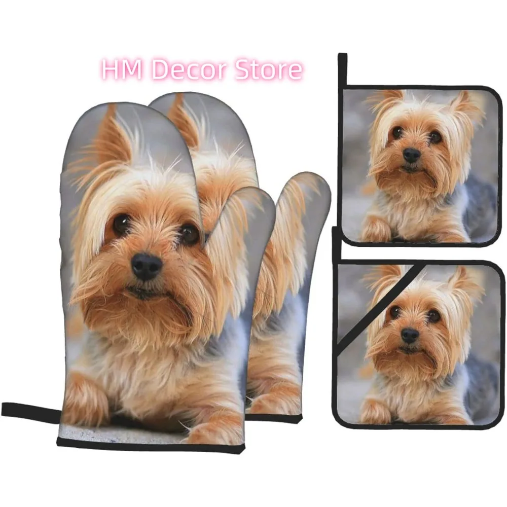 

Cutest Yorkies Oven Mitts and Pot Holders Sets 4 Pcs Set, Heat Resistant Puppy Oven Gloves Dog Lovers Gifts Hot Pad for Kitchen