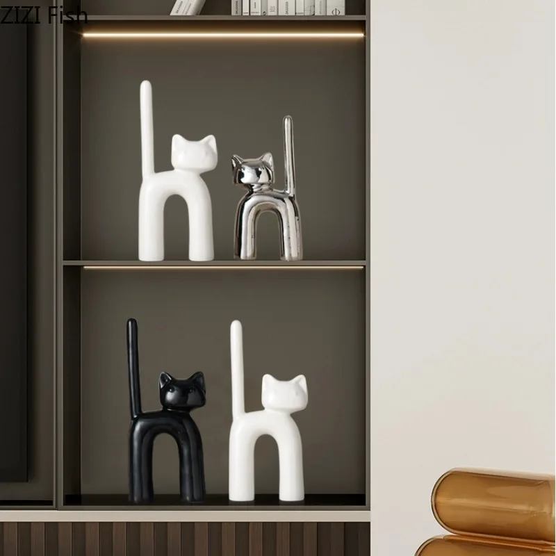 Cartoon Cat Statue Sculpture Ceramic Animal Ornaments Artistic Model Display Living Room Home Accessories Decoration Crafts