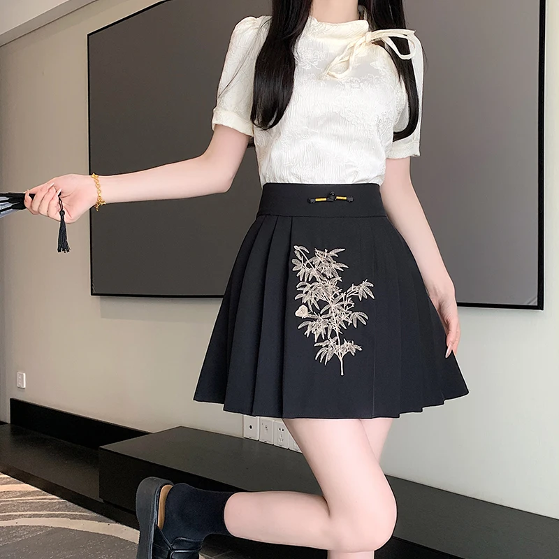 2024 Spring and Summer New Chinese Style Women Improved Short Skirt for Women with Black Flower Embroidery Pleated Short Skirts