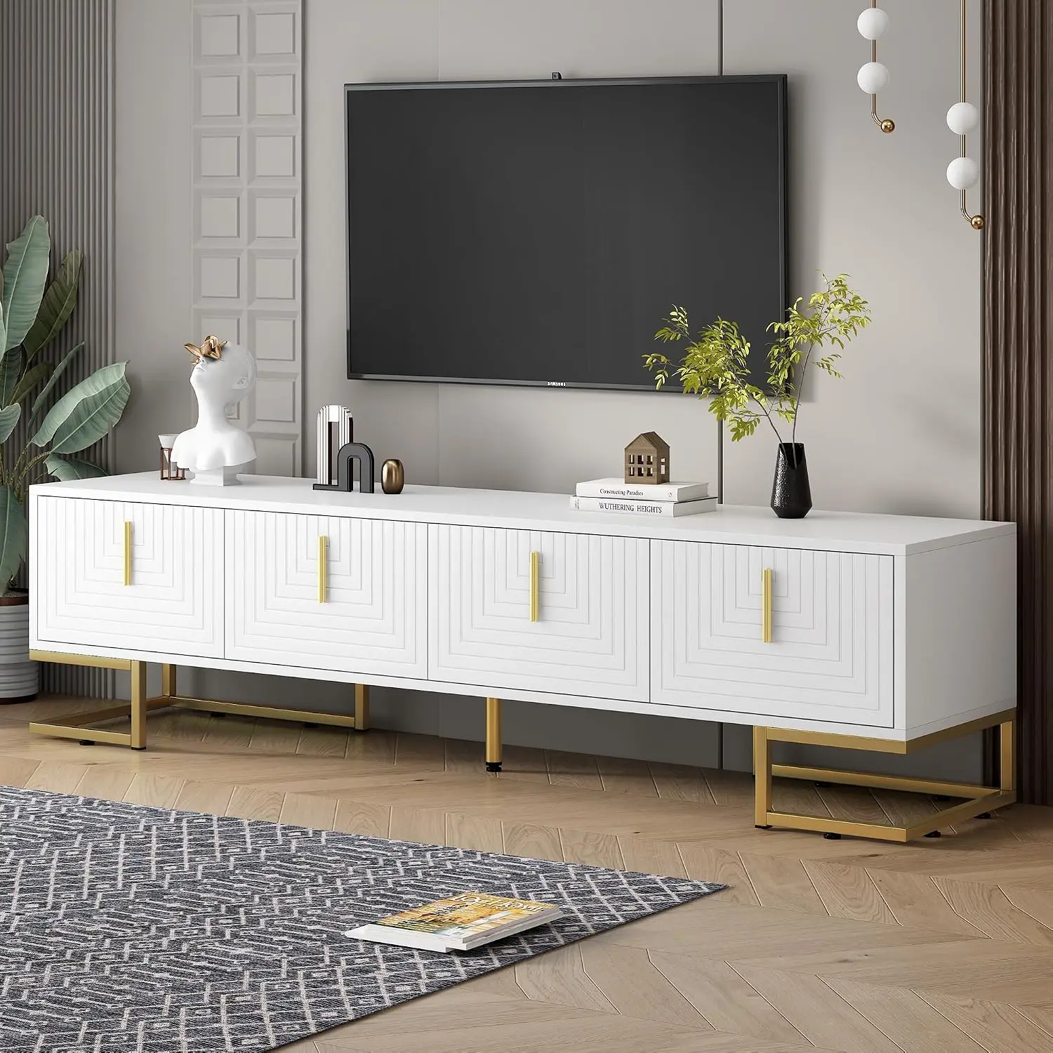 ON-TREND Modern TV Stand with Metal Legs and Gold Handles for TVs Up to 80'', Media Console Table with Cabinets and, Customized
