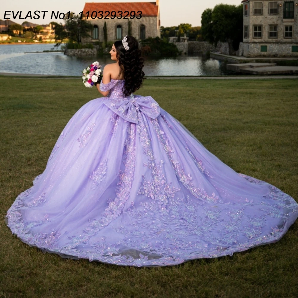 EVLAST Customized Shiny Lilac Ball Gown Quinceanera Dress 3D Floral Lace Applique Beading Sweet 16 Vestidos De 15 Anos E1QN230