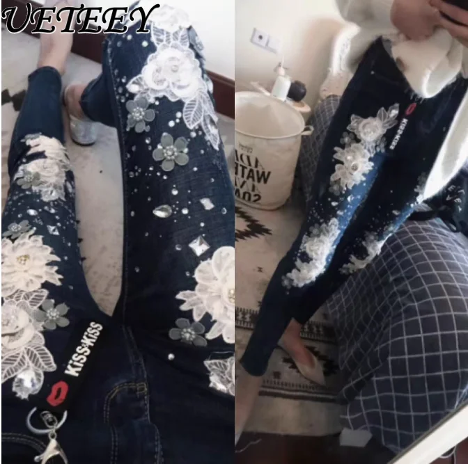 

Designer Beads Flash Diamonds Flower Small Feet Pants High Waist Elastic Slim Blue Jeans Women Spring Summer New Denim Pantalons