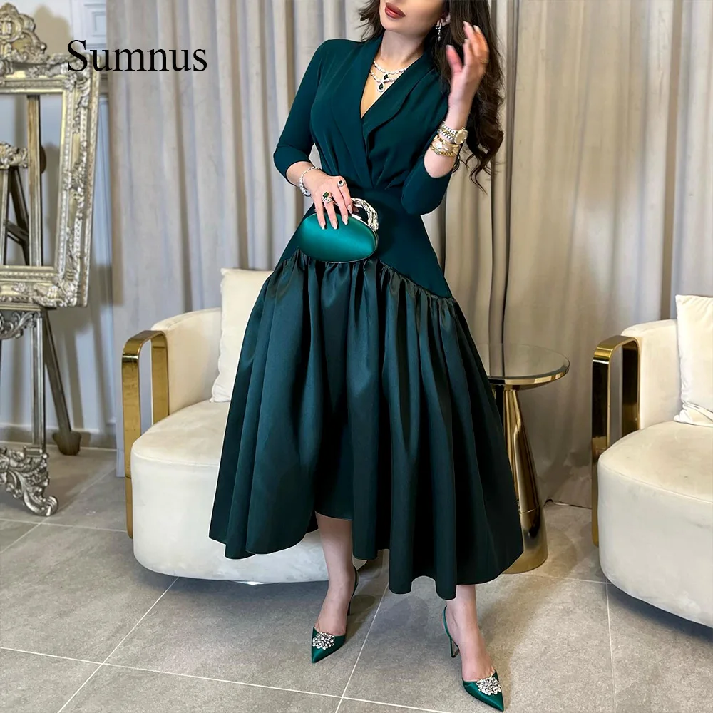 

Sumnus Blackish Green A Line Saudi Arabic Evening Dresses Three Quarter Spandex Satin Dubai Formal Dress Midi Evening Party Gown