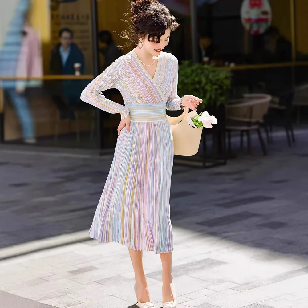 Pastel Rainbow Striped Ribbed Knit Surplice V-Neck Waist-Defined Midi Dress Stretchy Wrap Dress Romantic Chic Trendy Daily Date