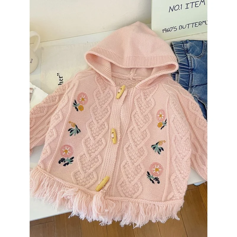 

2023 Autumn New Hooded Tassel Flowers Embroidered Knitwear Children Women's Treasure Horn Button Cardigan Coat