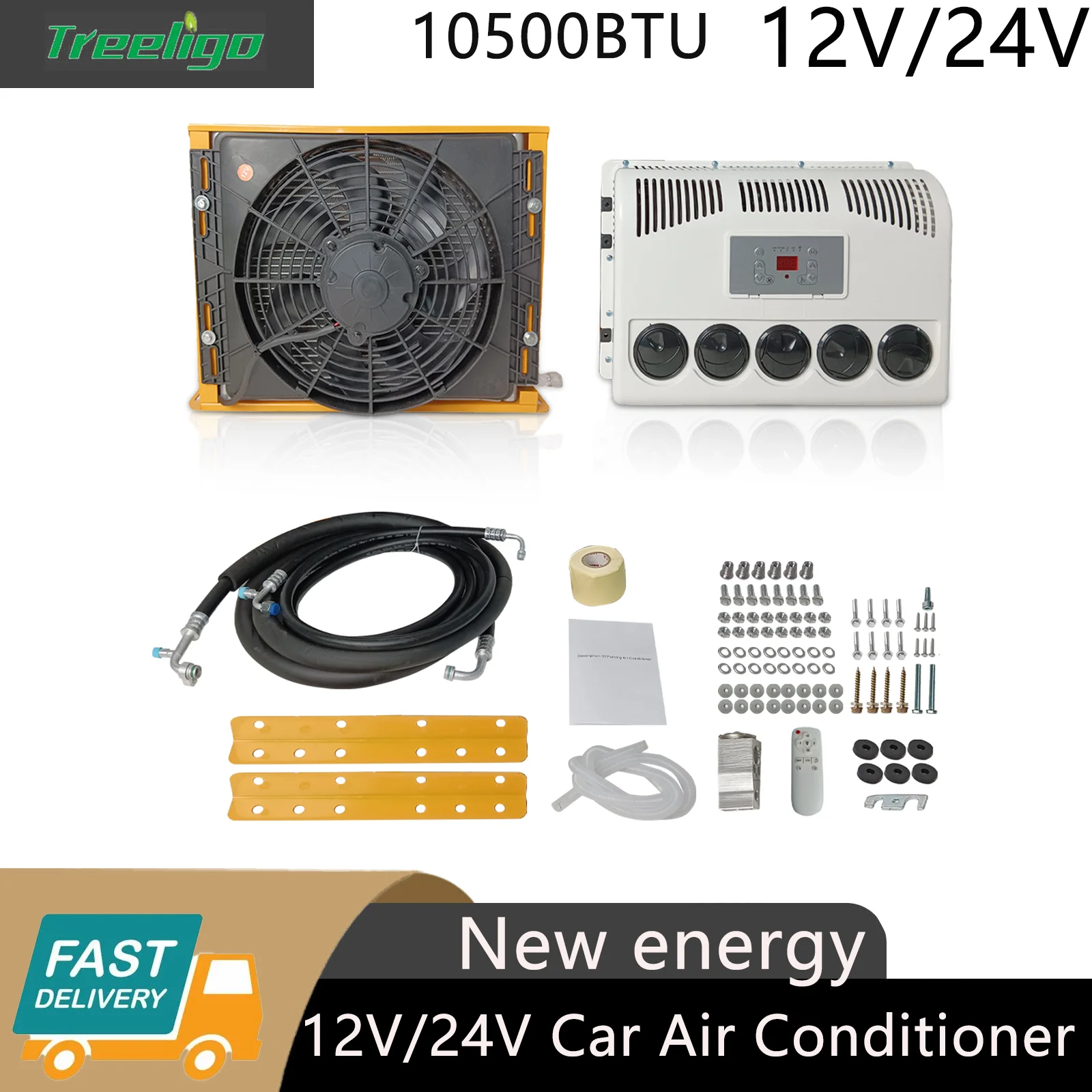 Treeligo 8900BTU Truck Air Conditioner 12V/24V Electric Car Parking ac Split AC Unit Fit Tractors Motorhome Camper Van RV Truck