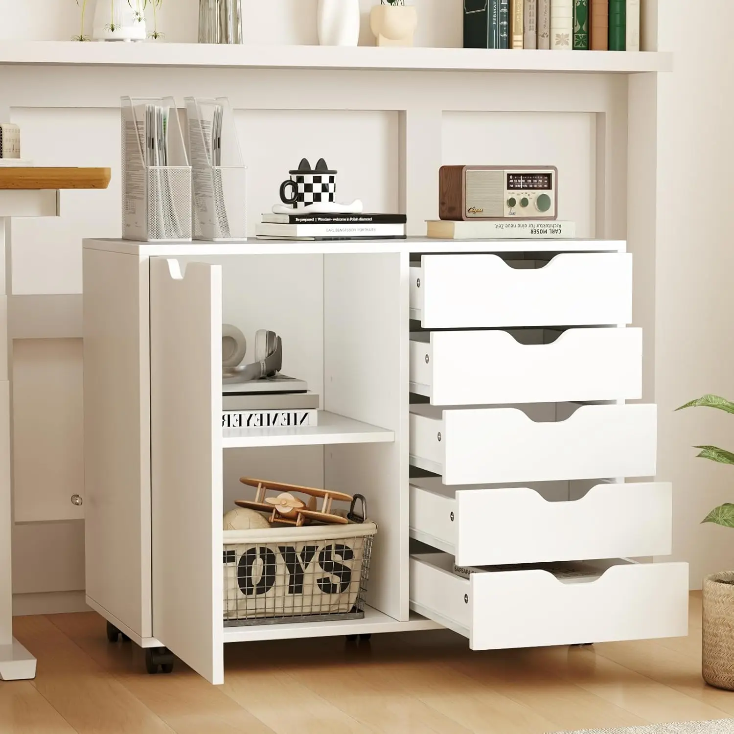 File Cabinet, White Filing Cabinet w/Universal Wheels, Wood Printer Stand w/Storage, Rolling File Cabinets (5 Drawers)