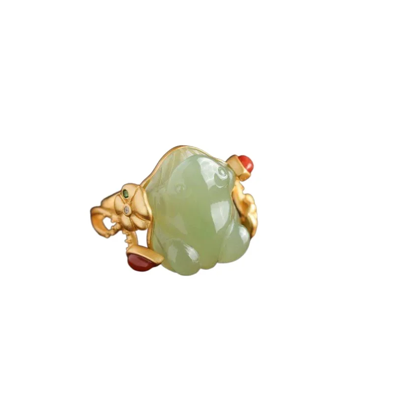 Designer original neue natürliche Hetian Jade Frosch vergoldet Lotusblatt Öffnung verstellbarer Ring Persönlichkeit Trend Mode Damen Schmuck