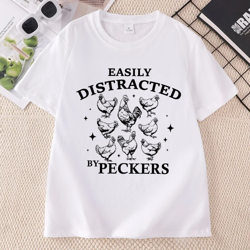 Easily Distracted By Plants and Peckers T-Shirt Chicken Lover Gardening Farm Life T-Shirt Casual Cotton Short Sleeve Printed