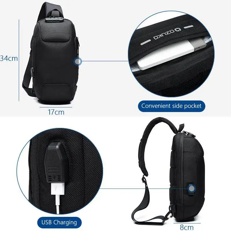 OZUKO-bandolera antirrobo para hombre, bolso de pecho de gran capacidad con puerto de carga USB, resistente al agua, antiarañazos