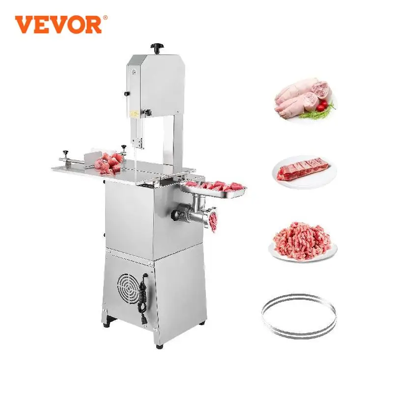 VEVOR Commercial Electric Meat Bandsaw Stainless Steel Vertical Bone Sawing Machine Workbeach with 2 Blades for Rib Pork Beef