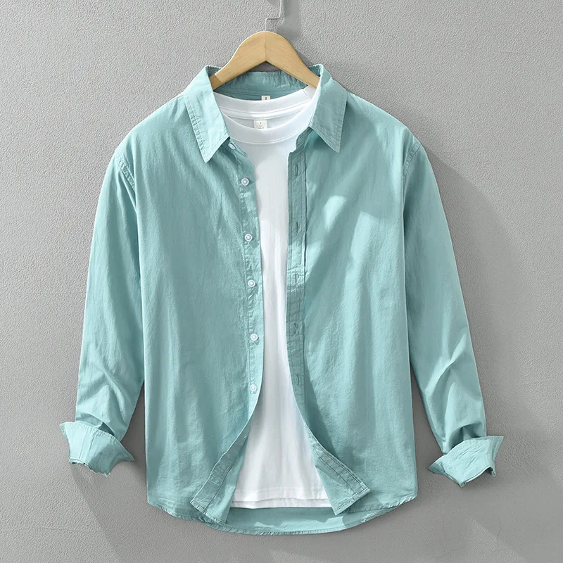 

Simple Men's Green Shirts Long Sleeve Spring Summer Daily Casual Tops Lapel 100% Cotton Button Up Shirt Classic Versatile Shirt