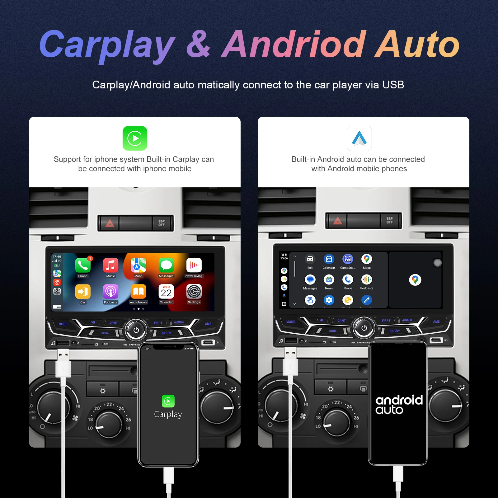 Podofo 2Din 6.86'' MP5 Player Carplay Android Auto Car Stereo Multimedia Player Mirror Link Bluetooth FM Pushbutton With Knob