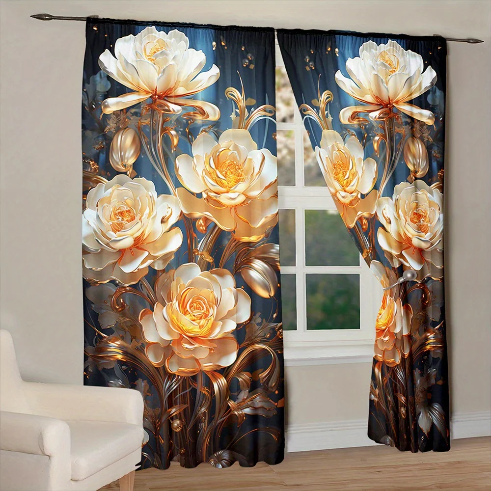 Opulent White Rose Floral Pattern Baroque Luxury Curtains Polyester Window Drapes for Bedroom Living Room Home Decor