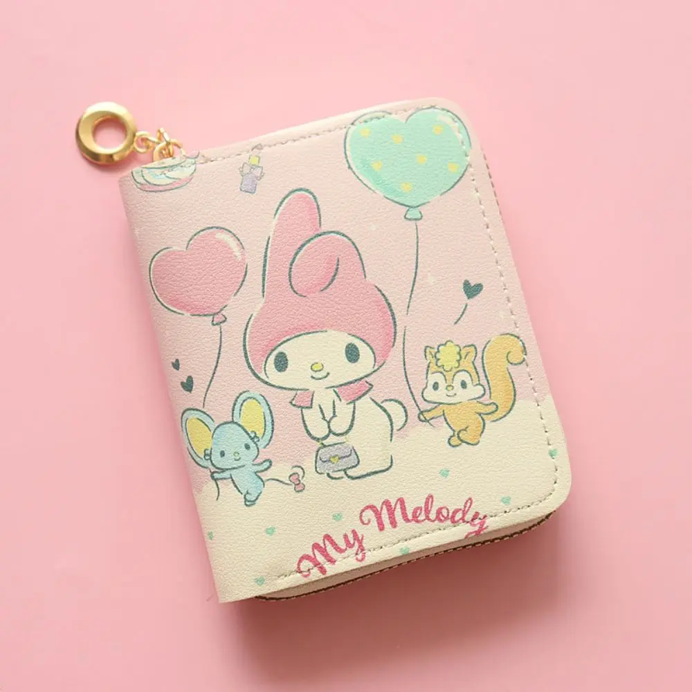 Sanrio dompet kulit PU Melody Kuromi Cinnamoroll tas kartu Pochacco casing kartu bisnis kartun tas ritsleting tempat kartu kredit