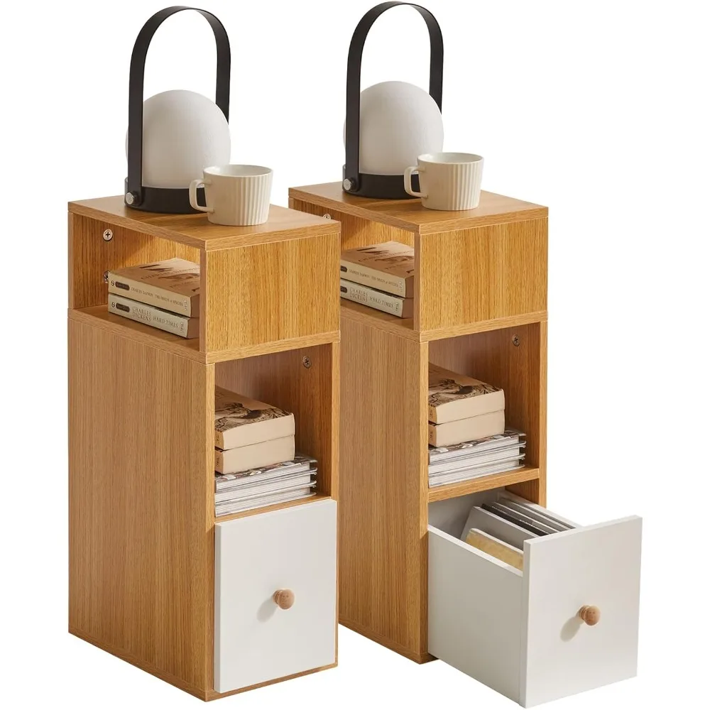 Set di 2 comodini sottili e stretti con 2 scomparti aperti e 1 cassetto, tavolini in legno salvaspazio per camera da letto soggiorno R