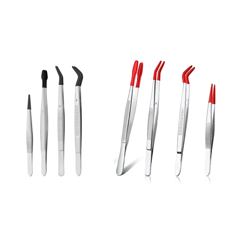 4Pieces Tweezers With Rubber Tips Tweezers PVC Coated Tweezers Set, Rubber Straight/Flat Tip Tweezer Bent Tweezers