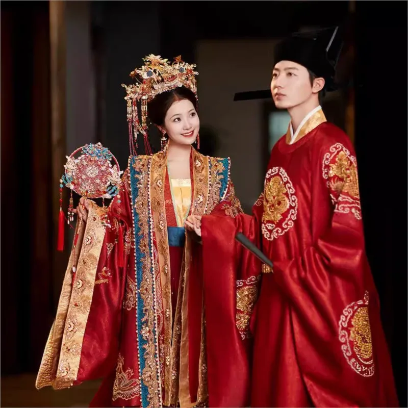 Hanhun Heavy Industry Antikes chinesisches Hochzeitskleid Phoenix Crown und roter Umhang Paar Set voller Drache
