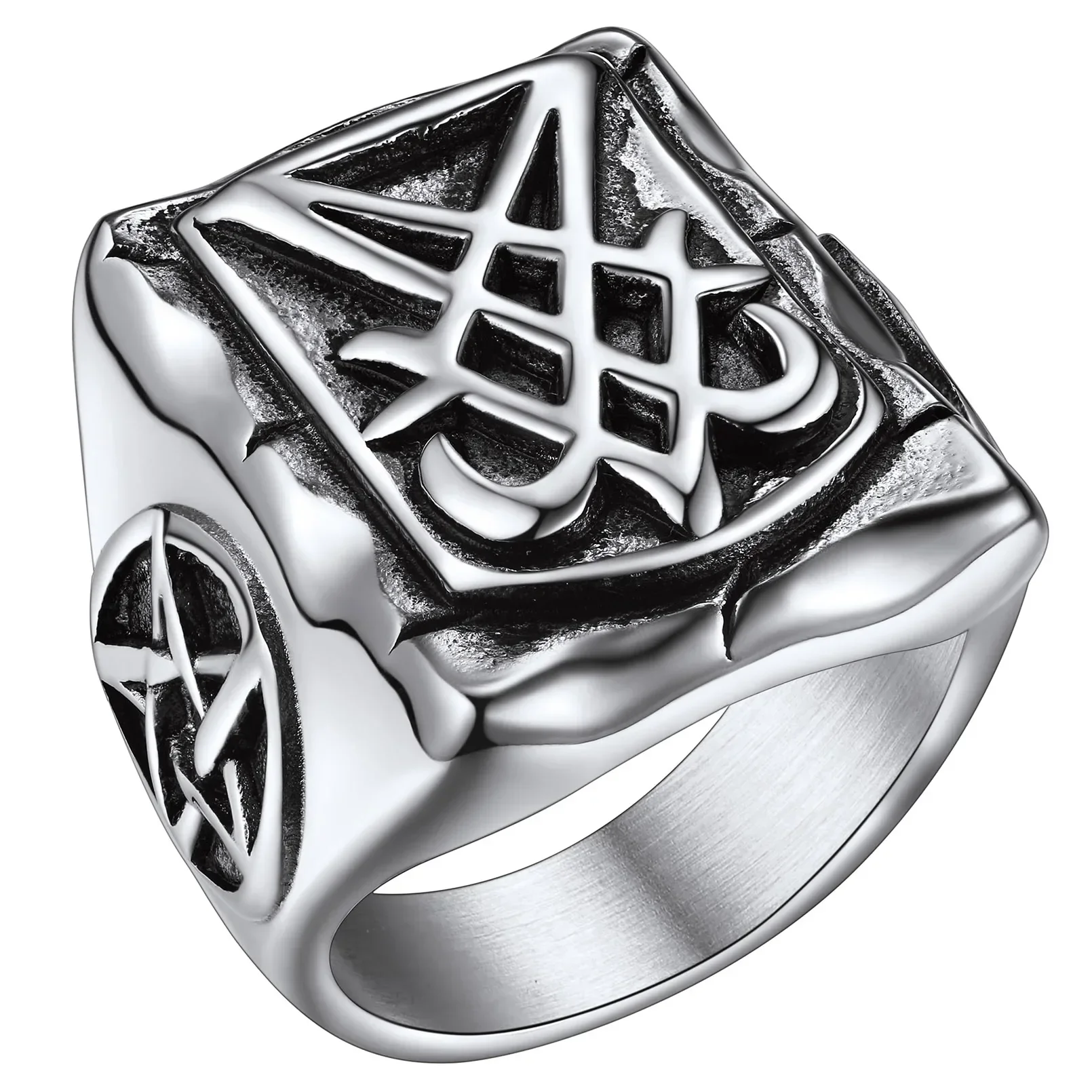 ChainsPro Stainless Steel Big Satanic Sigil of Lucifer Satan Rings for Man Symbol Magical Jewelry Signet Ring CP1002