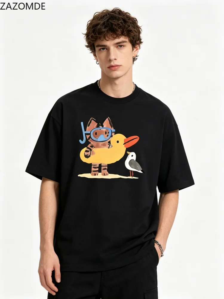 ZAZOMDE  Beach Cat Duck Float Print Oversized Tshirt Unisex Y2K Street Style Soft Cotton Short Sleeve Tee Daily Casual Wear