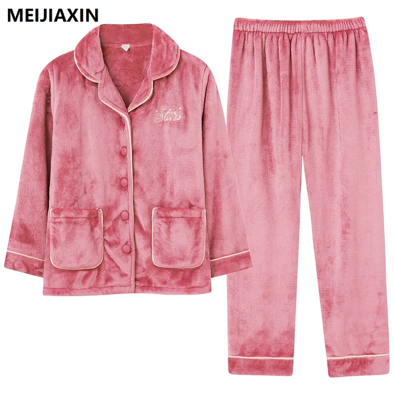 Winter Thick Warm Flannel Women Pajamas Set M-3XL Ladies Sleepwear Long Sleeve Turn-down Collar Elegant Female Pijamas