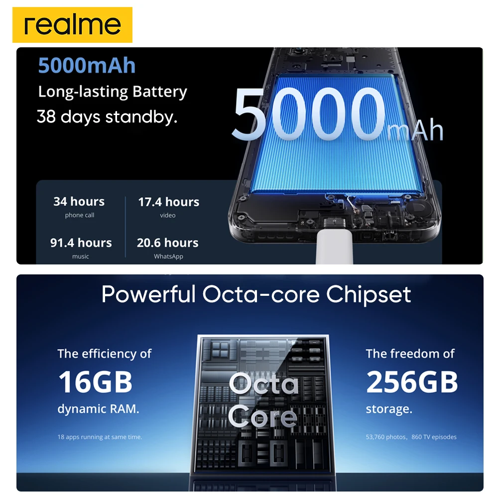 Realme C63 6,74 ''90Hz Display de conforto ocular 8 + 256GB Android 14 Smartphone 50MP AI Câmera 5000mAh Bateria 45W Carga rápida