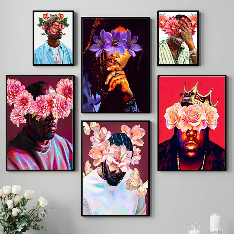 Hip Hop Rapper Star With Flowers Posters Canvas Painting Abstract Tupac Biggie Singer Wall Art For Room Home Decor