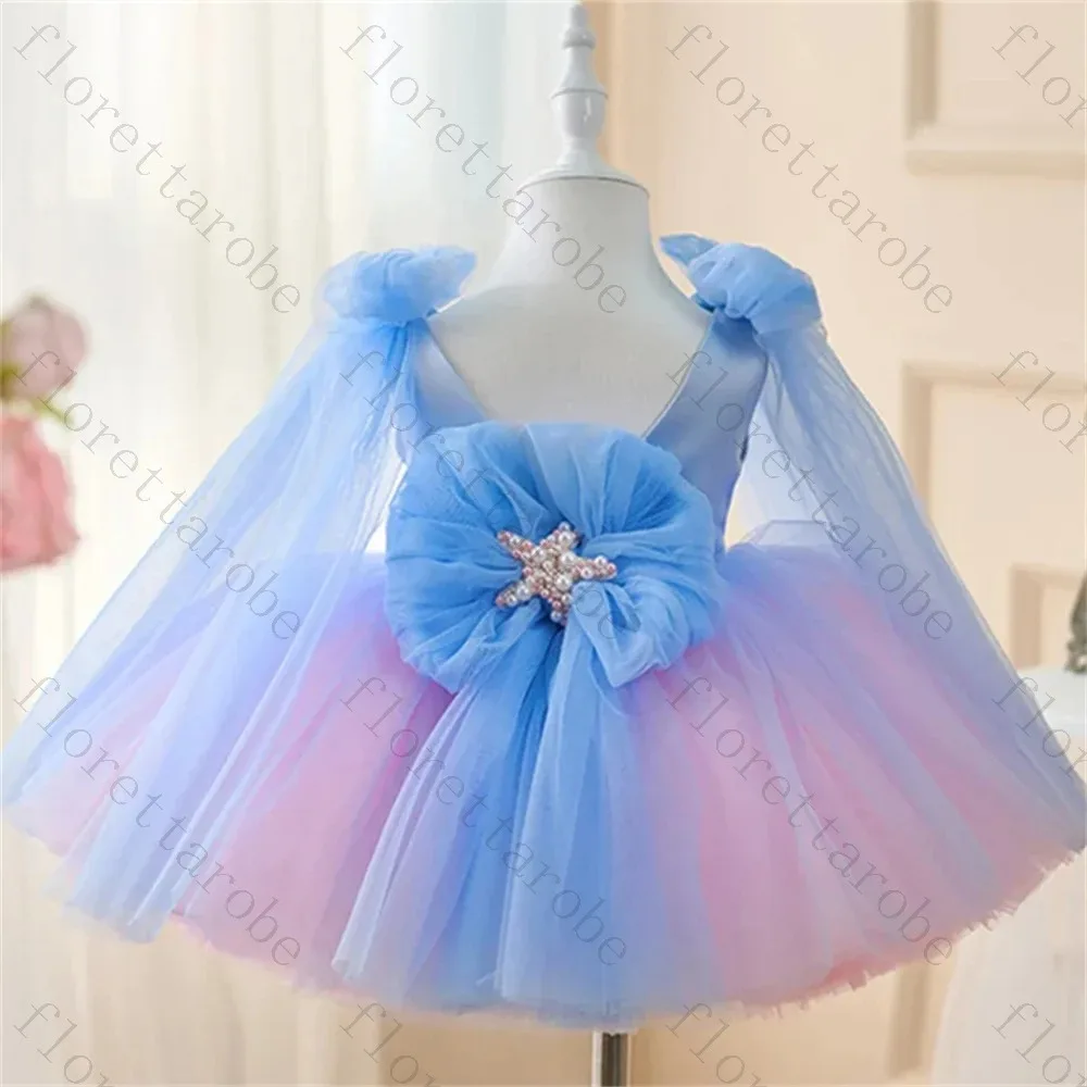 Customized Blue Pink Gradient Mermaid Tutu Dress Long Sheer Tulle Sleeve Seashell Starfish Decor for Birthday Party or Wedding