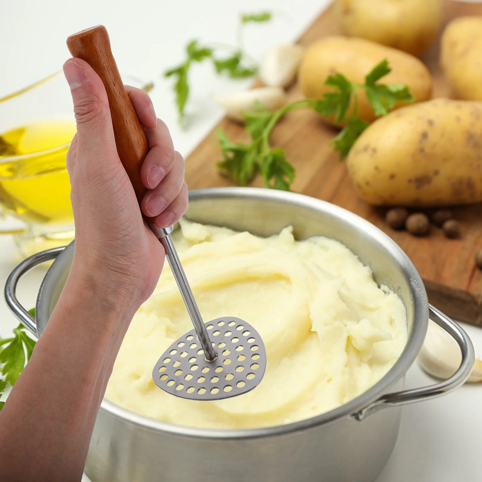 

Машинка для картофеля из нержавеющей стали, эргономичная ручка, легко чистящаяся толкушка для картофеля, сладкого картофеля, овощей, кухонный инструмент