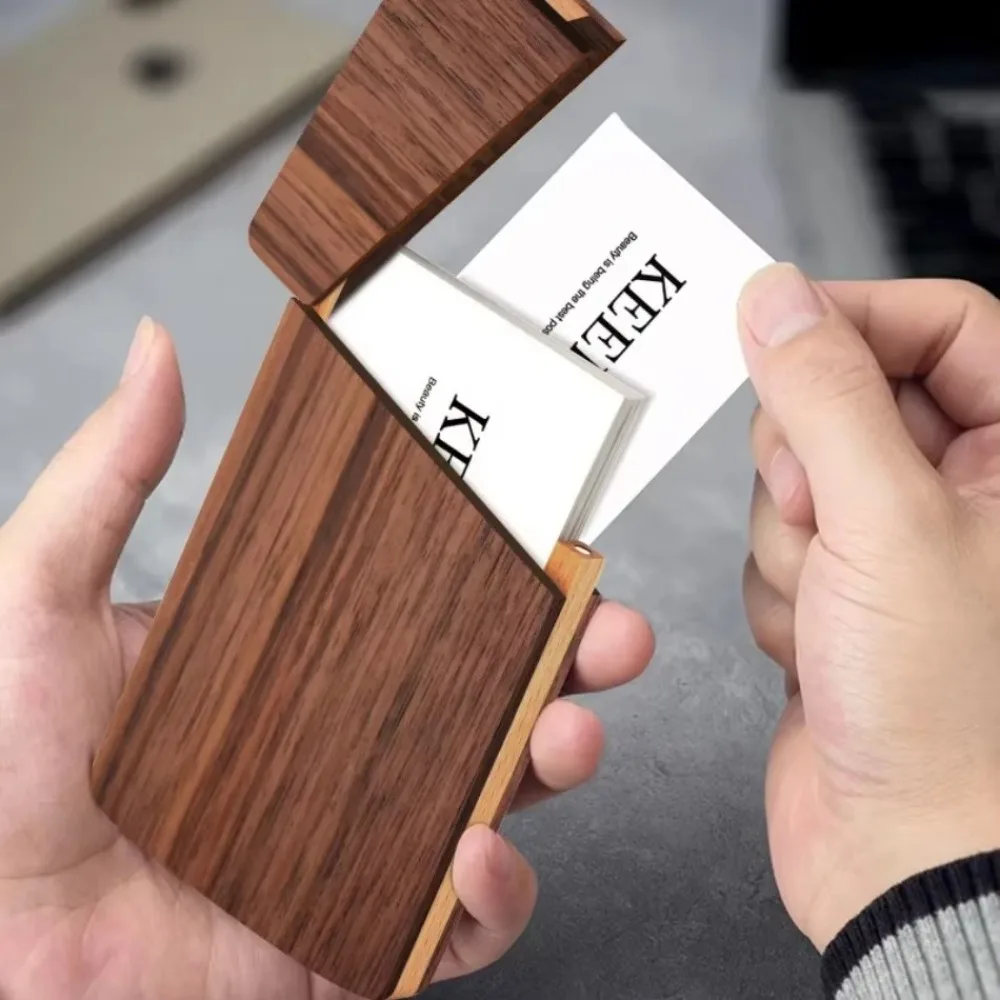 Black Walnut Business Card Box Elegant Design Wooden Name Card Holder Magnetic Closure Lightweight Card Storage Box