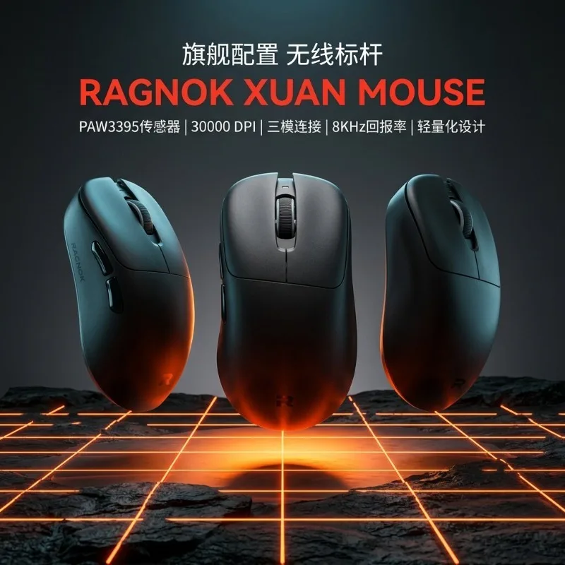 Mouse Gamer RAGNOK Tri-Mode Sem Fio com Sensor PAW3950, Taxa de Retorno de 8K, Design Leve para Jogos FPS e Escritório