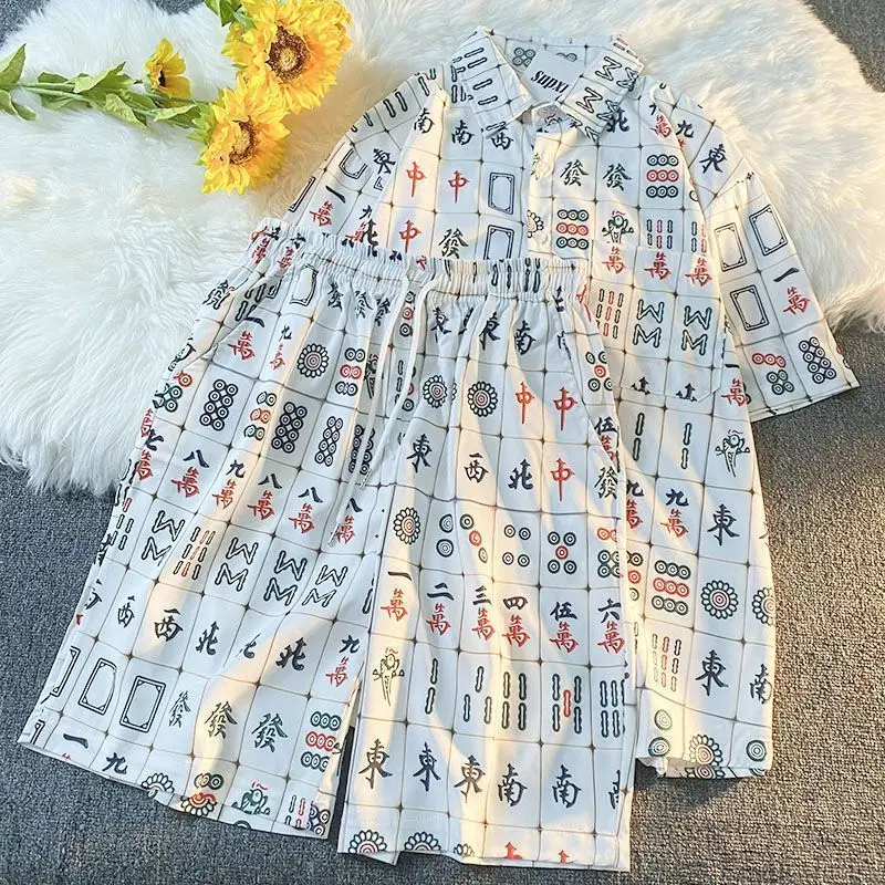 

National Trend Mahjong Clothing Shirt Set Men And Women Short Shorts Casual Two-piece Set